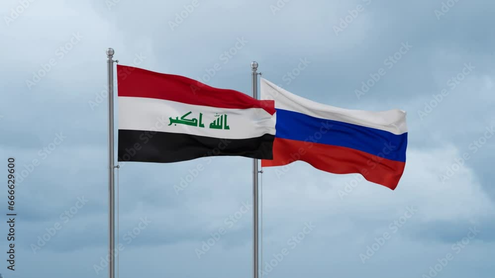 Russian Federation and Iraq flag waving together on cloudy sky, endless seamless loop Russian Federation and Iraq flag waving together on cloudy sky, endless seamless loop