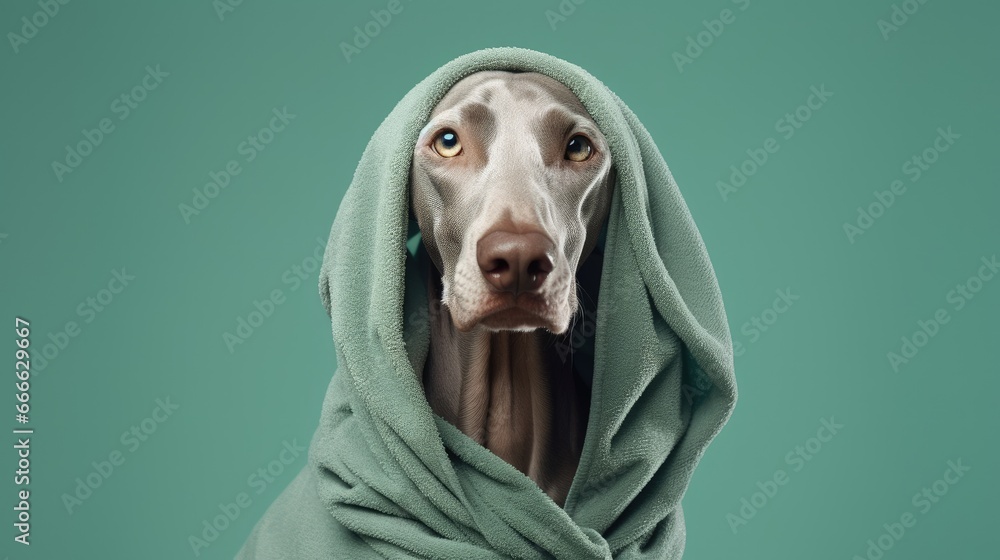 Dog grooming with freshly bathed Weimaraner in white bathrobe and towel on head looking to side against green studio background symbolizing love animal health care friendship ad - obrazy, fototapety, plakaty 