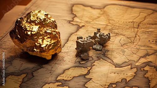 Gold nugget on vintage African map in close up photo