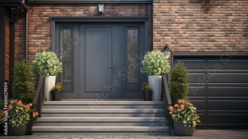 Grey modern garage door two large flower pots cascading flowers brown wooden stairs black panel door grey brick exterior wall
