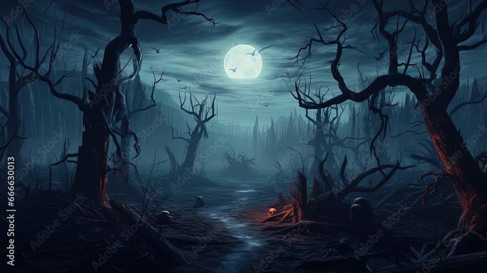 Eerie woods at night with dead trees and a full moon Eerie woods at night with dead trees and a full moon