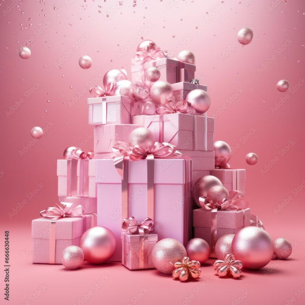 Festive Pink Christmas Scene with Silver and Pink Ornaments and Gift Box with Ribbon: 3D Rendered Illustration