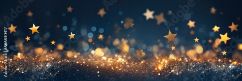 Glittering Christmas with Golden Stars Over Midnight Blue Background: Festive Foil, Shimmering Textures and Bokeh Effects photo
