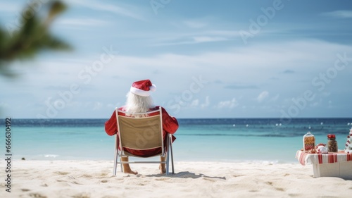 Festive Santa Claus Unwinds on July's Sandy Beach with Christmas Backdrop - Generated by AI