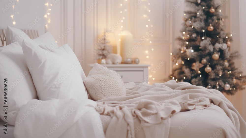 Festive Winter Haven: Cozy and Bright Christmas Decor in a White Bedroom with Eco Touches and Garland Accents