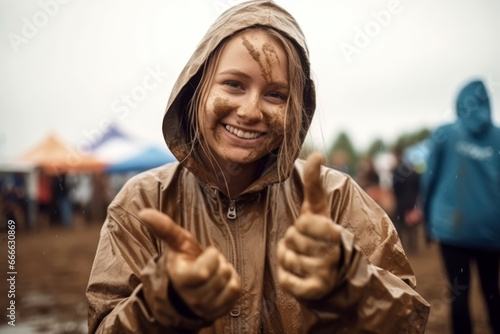 Junge Frau mit Daumen nach oben auf einem Open Air Veranstaltung, bei schlechtem Wetter photo