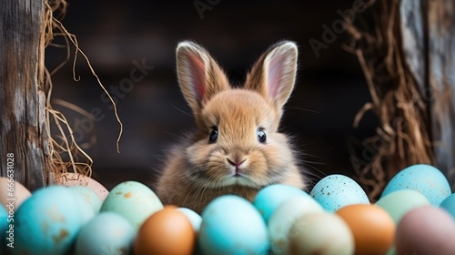 Easter rabbit behind multicolored easter eggs on dark background