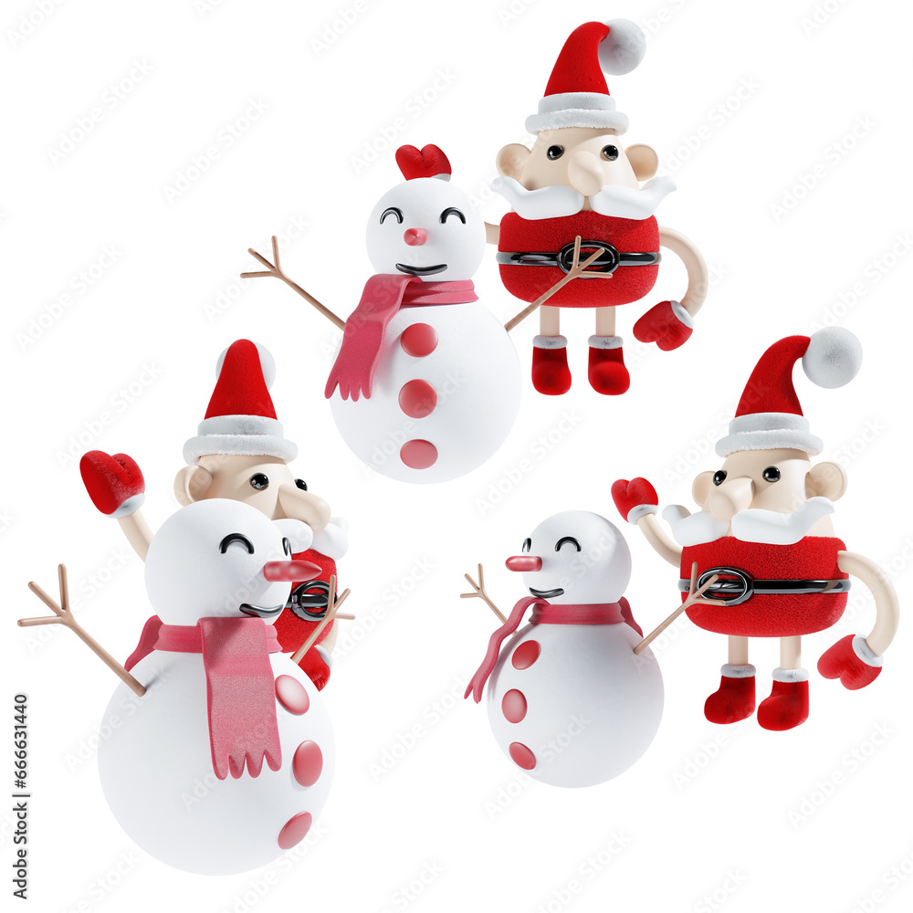 santa claus with christmas snowman in three angle 3d illustration