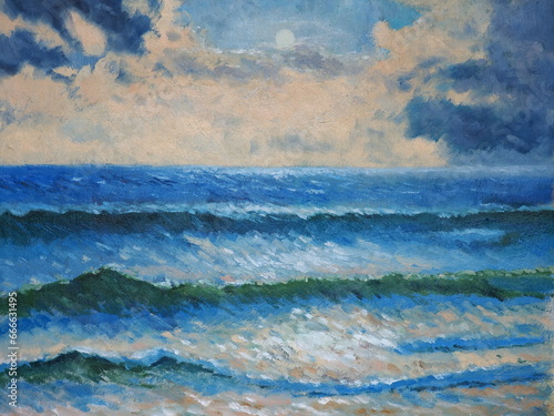 Oil painting of the sea after a storm. The ocean before the storm. Illustration with a seascape