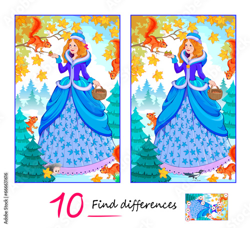 Find 10 differences. Illustration of a princess in autumn forest. Logic puzzle game for children and adults. Page for kids brain teaser book. Task for attentiveness. Vector cartoon drawing.