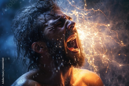 A man screams injured by electric shock photo