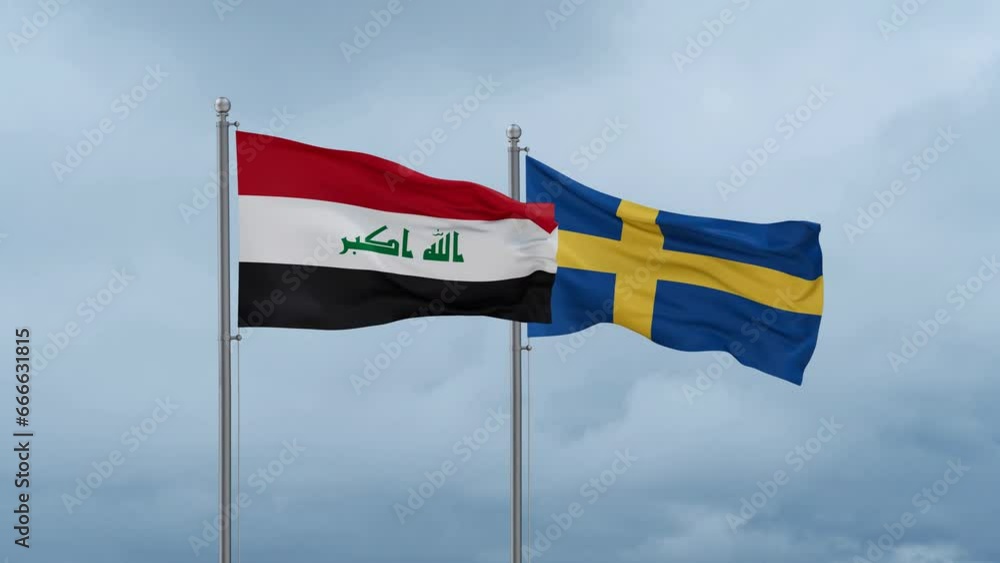 Sweden and Iraq flag waving together on cloudy sky, endless seamless loop, two country cooperation concept Sweden and Iraq flag waving together on cloudy sky, endless seamless loop, two country cooperation concept