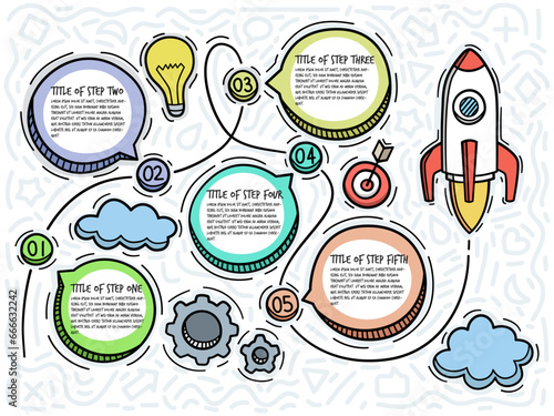 Doodle startup infographic with options. Freehand sketch with icons. Vector illustration.