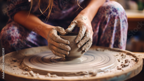 Hands working on pottery wheel Generative Ai