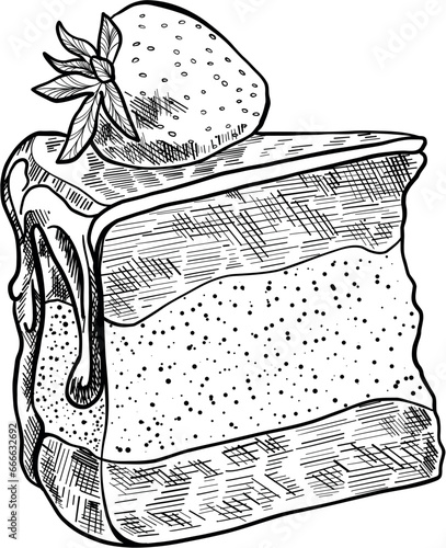 Sweet pastry cake piece with strawberry vector graphics. Chocolate cake, line art. Sweet pastries for menus, printing and greeting cards. Vector icons of confectionery, desserts and sweet dishes.
