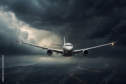 Airplane flying through the storm cloud over the valley.  AI generated.