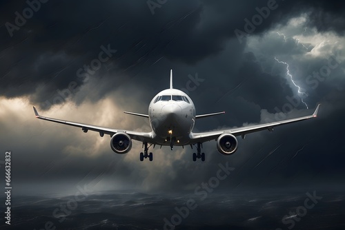 Airplane flying through the storm cloud. Photo from a front view symetric. Stormy weather and sunlight. AI generated.