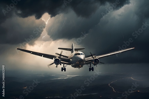 Airplane flying through the storm cloud. Stormy weather and sunlight. AI generated.