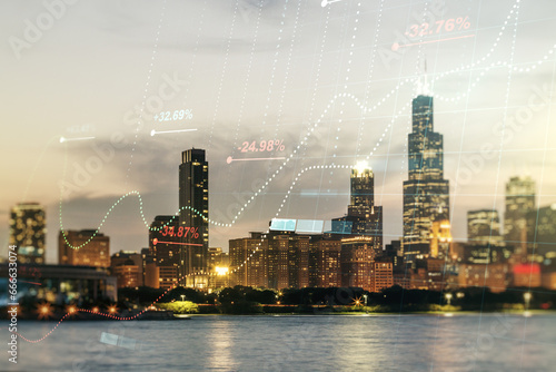 Multi exposure of stats data illustration on Chicago city skyline background, computing and analytics concept