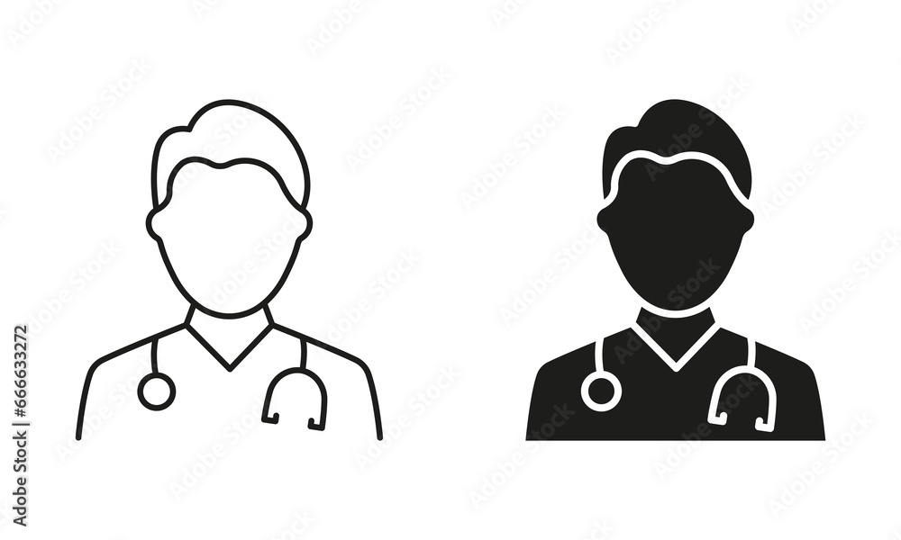 Professional Doctor Man with Stethoscope Line and Silhouette Black Icon Set. Medical Specialist Symbol Collection. Male Physicians, Medic Assistant Pictogram. Isolated Vector Illustration Professional Doctor Man with Stethoscope Line and Silhouette Black Icon Set. Medical Specialist Symbol Collection. Male Physicians, Medic Assistant Pictogram. Isolated Vector Illustration