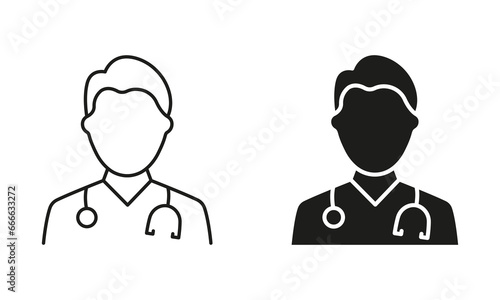 Professional Doctor Man with Stethoscope Line and Silhouette Black Icon Set. Medical Specialist Symbol Collection. Male Physicians, Medic Assistant Pictogram. Isolated Vector Illustration