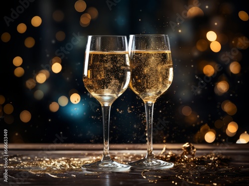 Two glasses of sparkling drink. Against a blurry background