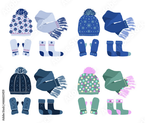 Winter clothes set. Socks, scarf, mittens and hat. Vector flat illustration. Isolated on white background.