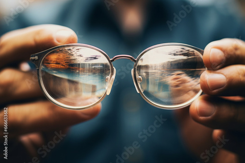 Looking through a pair of dirty glasses. Focusing on the world. Not seeing clearly. Obfuscation. Blurred vision. 