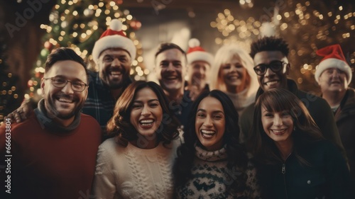 Joyful Christmas Gathering: Diverse Group of Friends and Family Embracing the Spirit of Togetherness with Smiles and Laughter