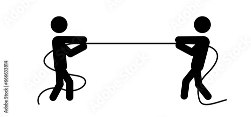 Teamwork competition game, pull loop people. Business teams, rope pulling test contest concept. Business people tug of war competition concept. Action idea problem. Cord drag and win play.
