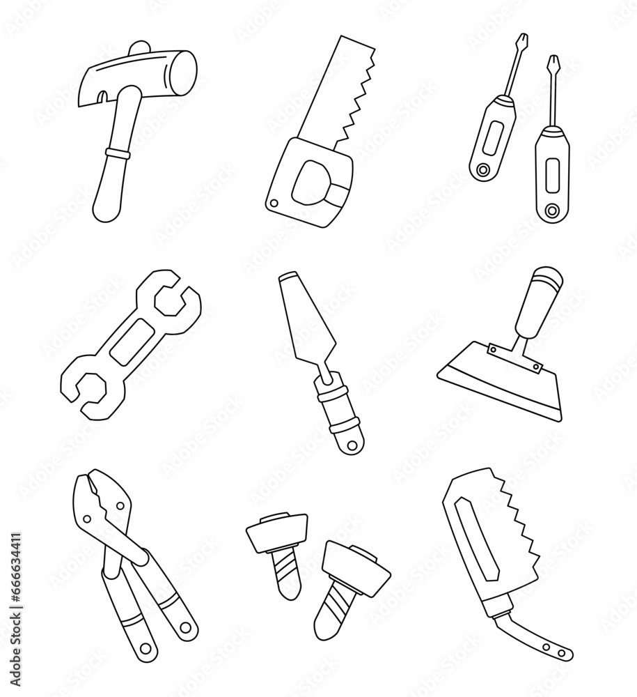 Vetor de Building tools. Coloring Page. Equipment for construction and