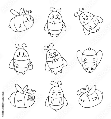 Cute bee character. Coloring Page. Kawaii honey insect in different poses. Vector drawing. Collection of design elements.
