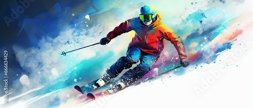 Illustration of a snowboarder with colorful watercolor splash  isolated on white background . 