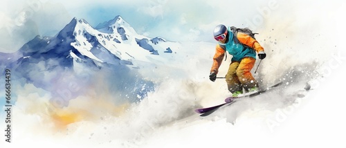 Illustration of a snowboarder with colorful watercolor splash, isolated on white background . 