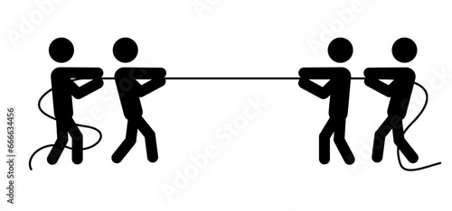 Teamwork competition game, pull loop people. Business teams, rope pulling test contest concept. Business people tug of war competition concept. Action idea problem. Cord drag and win play.