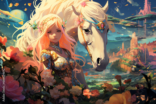 Blondes Mädchen mit weißen Pferd