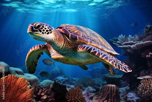 Enormous tropical sea turtle in underwater setting. Generative AI
