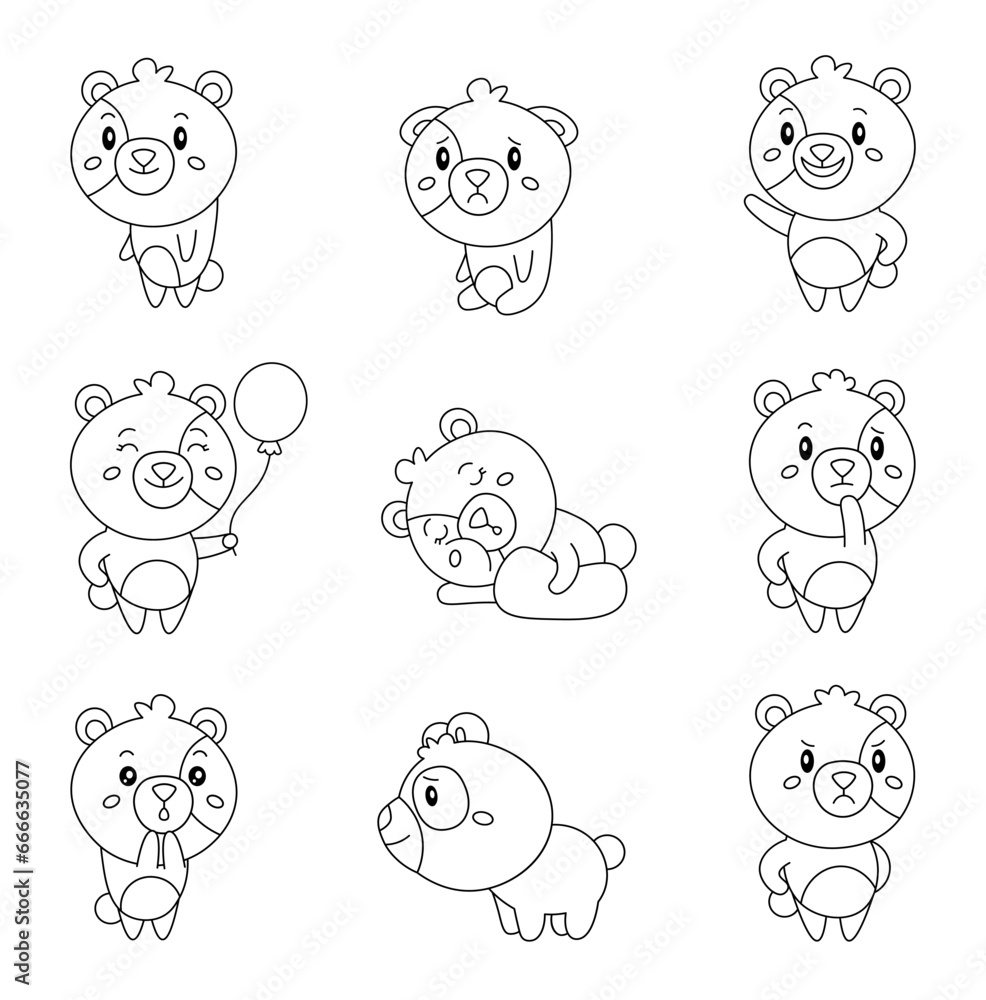 Cute bear character. Coloring Page. Kawaii teddy in different funny