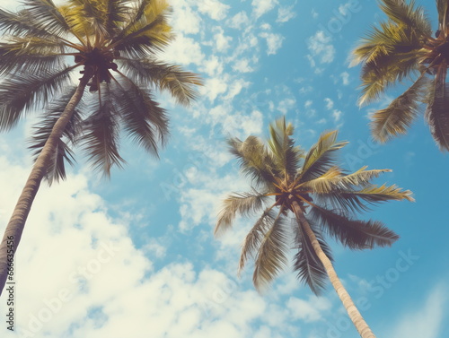 Palm Trees under the Azure Sky  Upward View of Sunlit Blue Sky and White Clouds