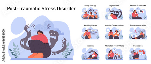 Post traumatic stress disorder set. Female character suffering from mental