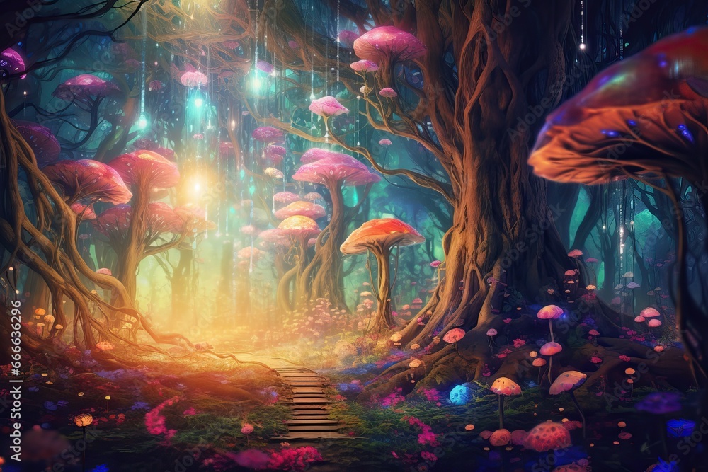 Mythical forest inhabited by mystical creatures, with towering trees adorned with glowing orbs and sparkling flowers Mythical forest inhabited by mystical creatures, with towering trees adorned with glowing orbs and sparkling flowers