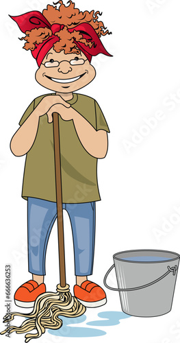Cartoon of housekeeper leaning on her mop
