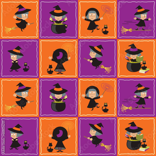 Seamless Halloween cartoon witches graphic pattern