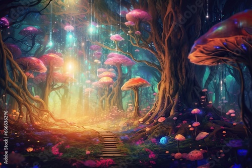 Mythical forest inhabited by mystical creatures, with towering trees adorned with glowing orbs and sparkling flowers
