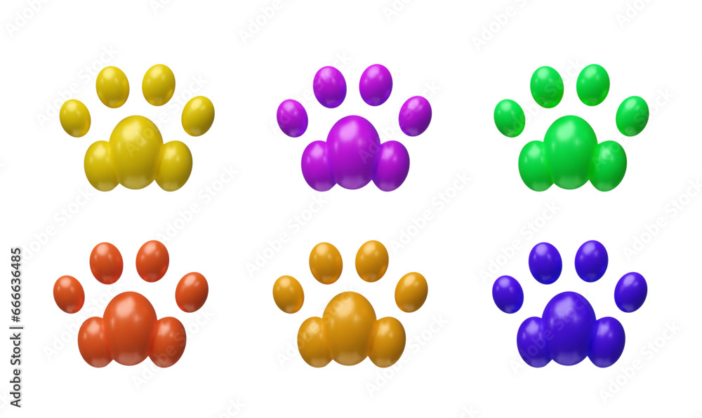 Set of 3d render pet paw. Animal pet foot of cats, kitten. Cute veterinary symbol. Vector illustration in plasticine style. Collection in different colors of silhouettes, Footprint shape design