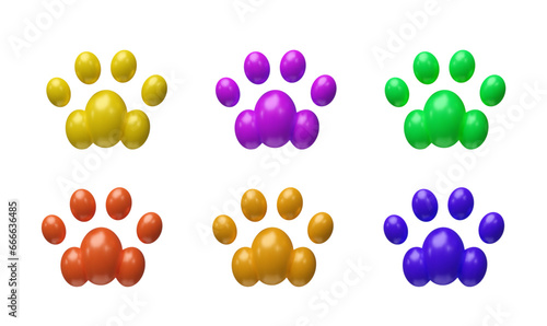 Set of 3d render pet paw. Animal pet foot of cats, kitten. Cute veterinary symbol. Vector illustration in plasticine style. Collection in different colors of silhouettes, Footprint shape design
