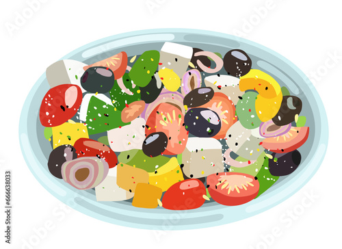 Plate with greek salad. Vector isolated illustration. Traditional mediterranean cuisine.