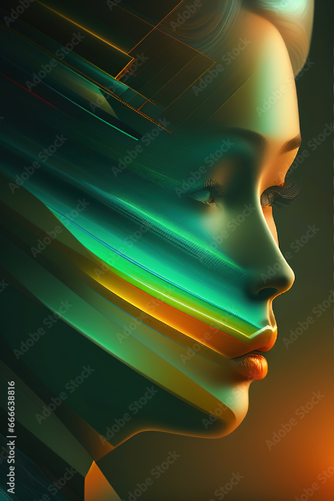 abstract image of the robot's face in green-yellow colors, Ai