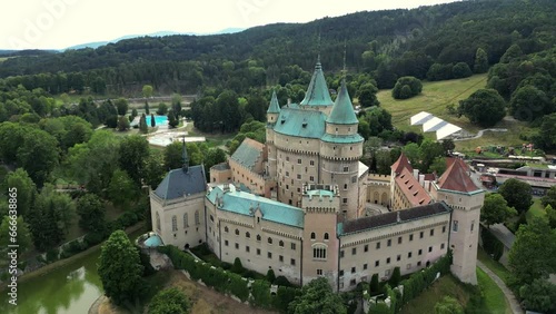 Aerial view of Bojnice medieval castle, UNESCO heritage in Slovakia. The Castle Of Spirits or Bojnice Castle in Slovakia. Romantic castle with with gothic and Renaissance elements