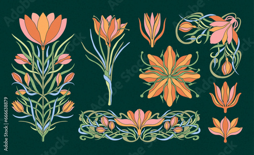 Floral crocus plant in art nouveau 1920-1930. Hand drawn crocus in a linear style with weaves of lines, leaves and flowers.
